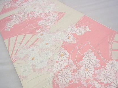 平和屋着物◎六通柄袋帯 唐織 扇面菊文 金糸 逸品 BAAH8437fk