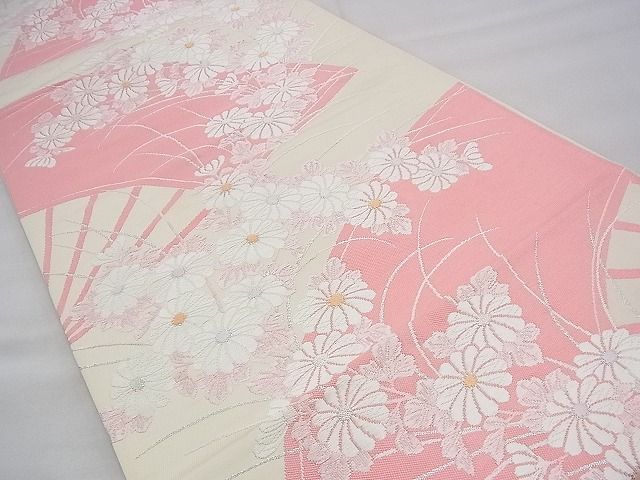 平和屋着物◎六通柄袋帯 唐織 扇面菊文 金糸 逸品 BAAH8437fk