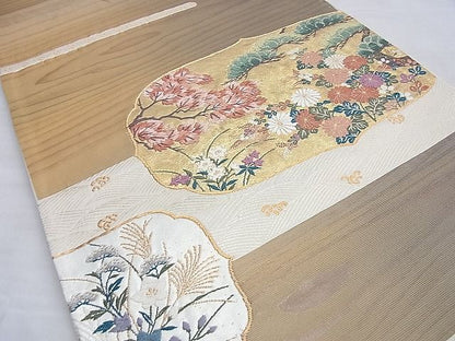 平和屋着物◎太鼓柄袋帯 唐織 琳派草花文 金糸 逸品 BAAI0344du