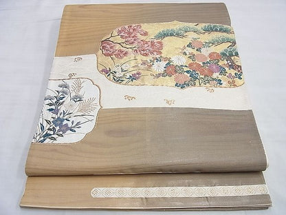 平和屋着物◎太鼓柄袋帯 唐織 琳派草花文 金糸 逸品 BAAI0344du