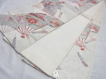 平和屋着物◎六通柄袋帯 唐織 花鳥扇面流し 九百錦 プラチナ二重箔 逸品 BAAI0346du