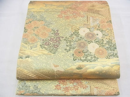 平和屋着物◎六通柄袋帯 唐織 群れ鶴風景花文 金糸 逸品 BAAH9243fk