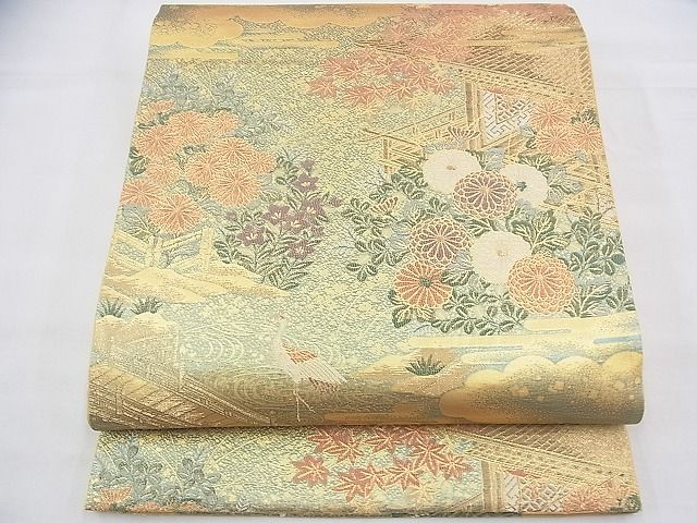 平和屋着物◎六通柄袋帯 唐織 群れ鶴風景花文 金糸 逸品 BAAH9243fk