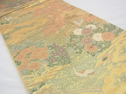 平和屋着物◎六通柄袋帯 唐織 群れ鶴風景花文 金糸 逸品 BAAH9243fk