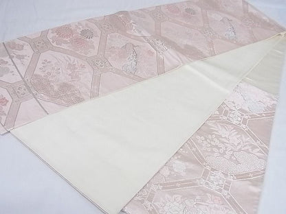 平和屋着物◎六通柄袋帯 蜀江孔雀草花文 銀糸 正絹 逸品 AAAI3450Abw
