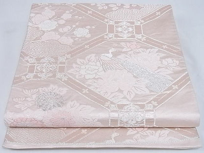 平和屋着物◎六通柄袋帯 蜀江孔雀草花文 銀糸 正絹 逸品 AAAI3450Abw