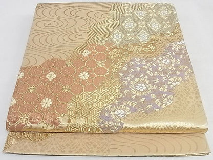 平和屋着物◎六通柄袋帯　道長立波吉祥花文　金糸　正絹　逸品　AAAJ7901Abw