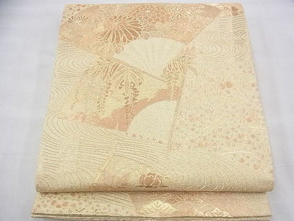 平和屋着物◎六通柄袋帯 花扇面流し 金糸 逸品 BAAH8458fk