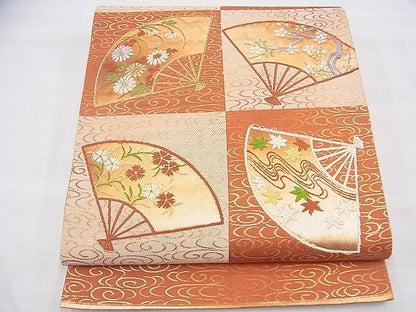 平和屋着物◎六通柄袋帯 唐織 市松扇面花文 金糸 逸品 BAAI1614fk