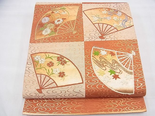 平和屋着物◎六通柄袋帯 唐織 市松扇面花文 金糸 逸品 BAAI1614fk