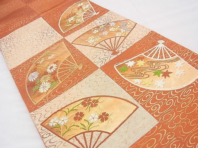 平和屋着物◎六通柄袋帯 唐織 市松扇面花文 金糸 逸品 BAAI1614fk