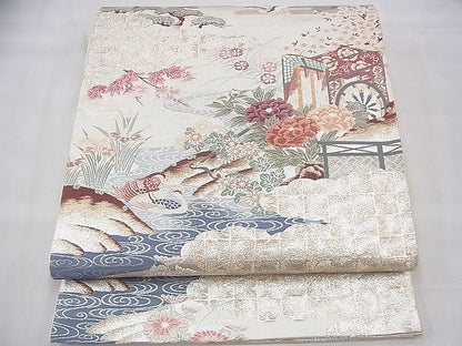 平和屋着物◎六通柄袋帯 唐織 御所車御苑文 プラチナ二重箔 逸品 BAAI1654fk