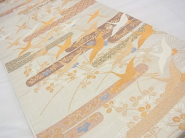 平和屋着物◎六通柄袋帯 唐織 飛鶴エ霞草花文 本うるし箔 逸品 BAAI1656fk