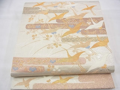平和屋着物◎六通柄袋帯 唐織 飛鶴エ霞草花文 本うるし箔 逸品 BAAI1656fk