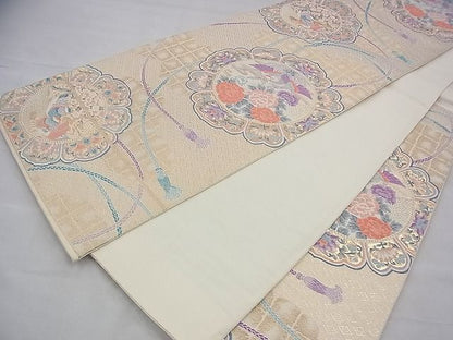 平和屋着物◎六通柄袋帯 唐織 鏡裏雲取文 金糸 逸品 BAAI1687fk