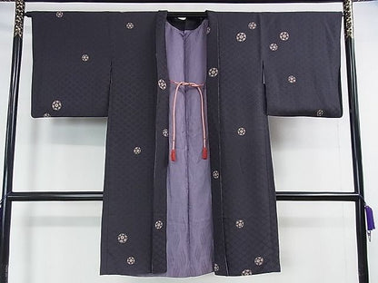 平和屋本店▽極上　長羽織　スリーシーズン　春夏秋　塵除け　紗袷　花丸文　濃い青褐色地　羽織紐付き　逸品　DZAA1732kh4