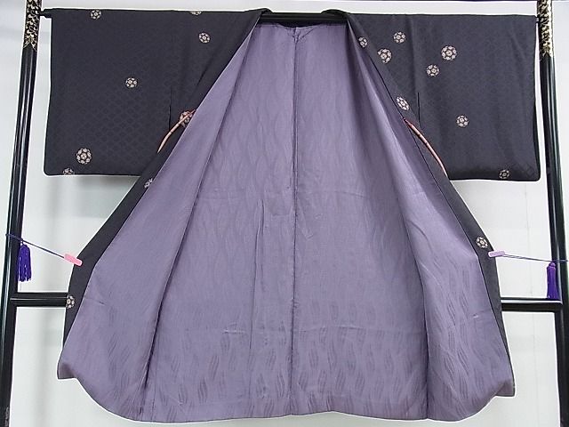 平和屋本店▽極上　長羽織　スリーシーズン　春夏秋　塵除け　紗袷　花丸文　濃い青褐色地　羽織紐付き　逸品　DZAA1732kh4