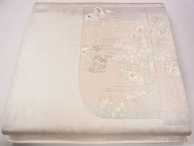 平和屋着物■六通太鼓柄袋帯 駒刺繍 霞草花文 銀糸 逸品 CAAG2038eg