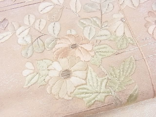 平和屋着物■六通太鼓柄袋帯 駒刺繍 霞草花文 銀糸 逸品 CAAG2038eg