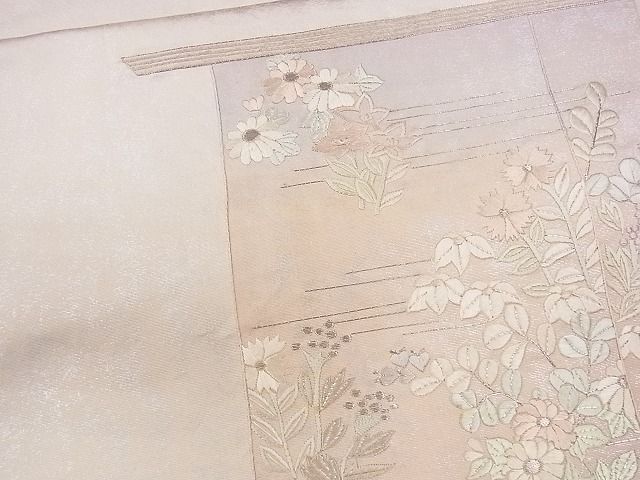 平和屋着物■六通太鼓柄袋帯 駒刺繍 霞草花文 銀糸 逸品 CAAG2038eg
