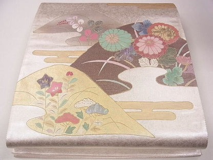 平和屋着物■太鼓柄袋帯 螺鈿箔 遠山エ霞草花文 金銀彩 逸品 CAAG2180eg