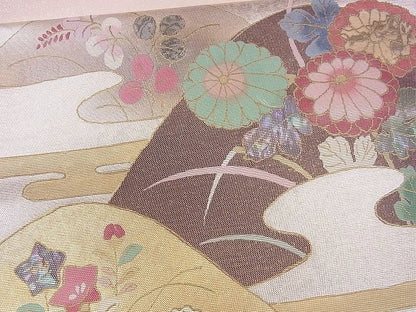 平和屋着物■太鼓柄袋帯 螺鈿箔 遠山エ霞草花文 金銀彩 逸品 CAAG2180eg