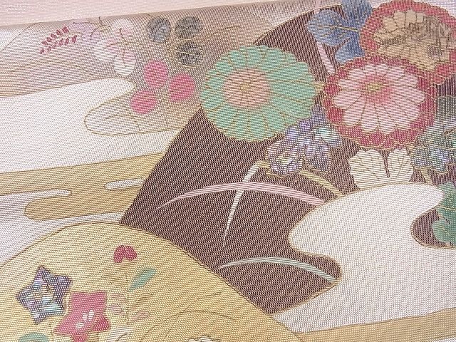 平和屋着物■太鼓柄袋帯 螺鈿箔 遠山エ霞草花文 金銀彩 逸品 CAAG2180eg