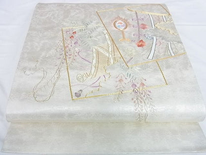 平和屋着物■太鼓柄袋帯 駒刺繍 総刺繍 吉祥地紙風景花文 金銀糸 逸品 DAAG8054az