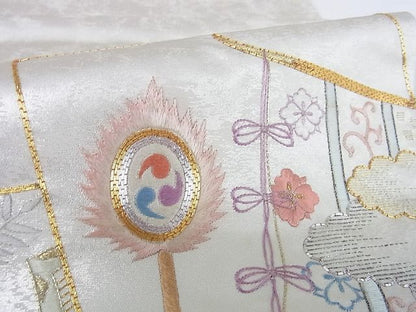 平和屋着物■太鼓柄袋帯 駒刺繍 総刺繍 吉祥地紙風景花文 金銀糸 逸品 DAAG8054az
