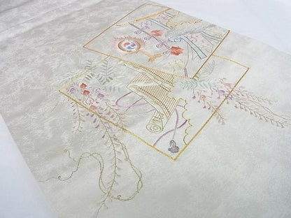 平和屋着物■太鼓柄袋帯 駒刺繍 総刺繍 吉祥地紙風景花文 金銀糸 逸品 DAAG8054az