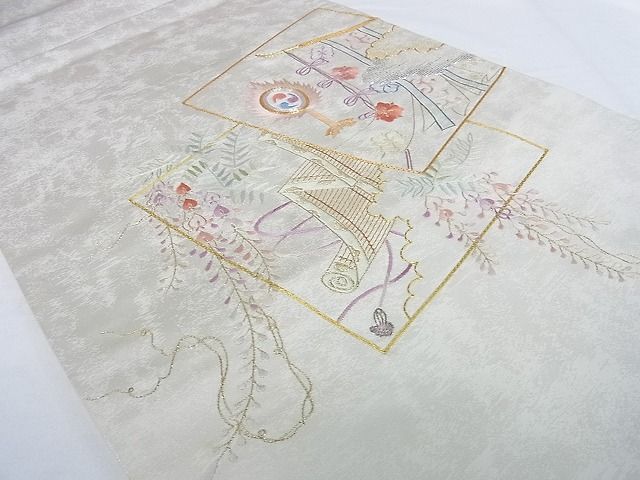 平和屋着物■太鼓柄袋帯 駒刺繍 総刺繍 吉祥地紙風景花文 金銀糸 逸品 DAAG8054az