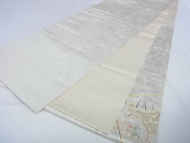 上品三越QMKC束熨斗花文　オールシーズン袋帯　柄合QMKP 駒刺繍 吉祥 QMKP 三越振袖ビンテージ駒刺繍 束ね熨斗吉祥文