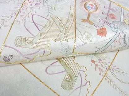 平和屋着物■太鼓柄袋帯 駒刺繍 総刺繍 吉祥地紙風景花文 金銀糸 逸品 DAAG8054az