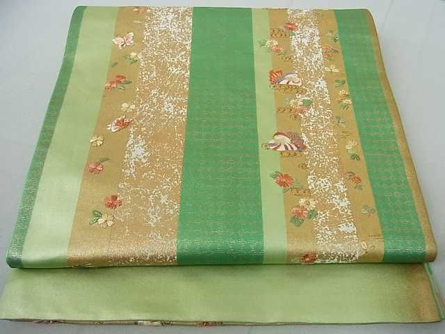 平和屋着物◎六通太鼓柄袋帯 刺繍 鴛鴦花蝶間道 金糸 逸品 DAAE9885ar