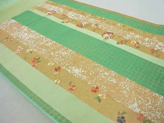 平和屋着物◎六通太鼓柄袋帯 刺繍 鴛鴦花蝶間道 金糸 逸品 DAAE9885ar