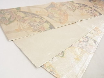 平和屋着物◎佐賀錦 六通柄袋帯 900織 扇面舞蝶草花文 金銀糸 逸品 DAAH0558cm