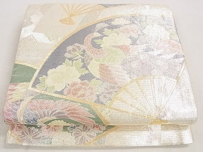 平和屋着物◎佐賀錦 六通柄袋帯 900織 扇面舞蝶草花文 金銀糸 逸品 DAAH0558cm