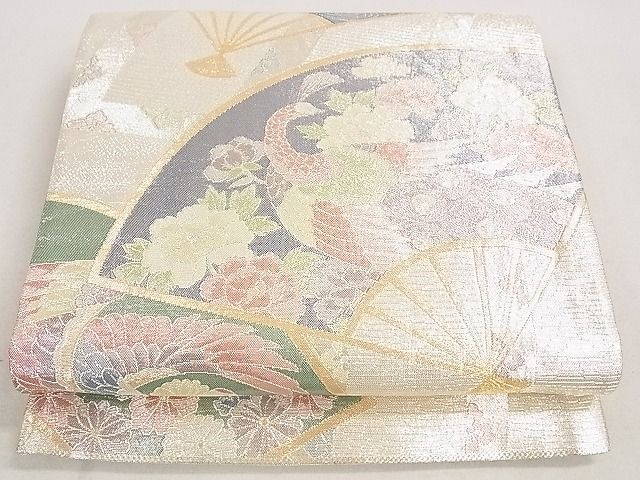 平和屋着物◎佐賀錦 六通柄袋帯 900織 扇面舞蝶草花文 金銀糸 逸品 DAAH0558cm