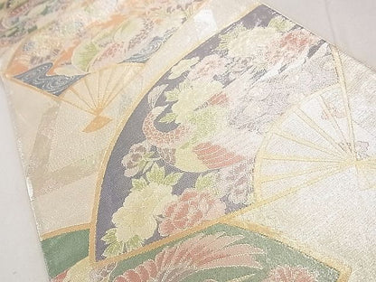 平和屋着物◎佐賀錦 六通柄袋帯 900織 扇面舞蝶草花文 金銀糸 逸品 DAAH0558cm