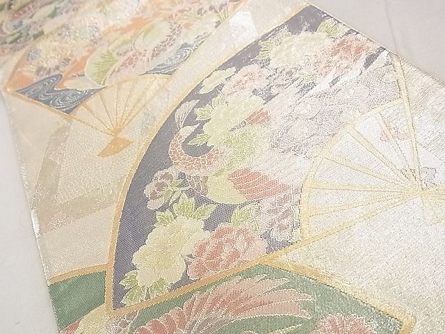 平和屋着物◎佐賀錦 六通柄袋帯 900織 扇面舞蝶草花文 金銀糸 逸品 DAAH0558cm