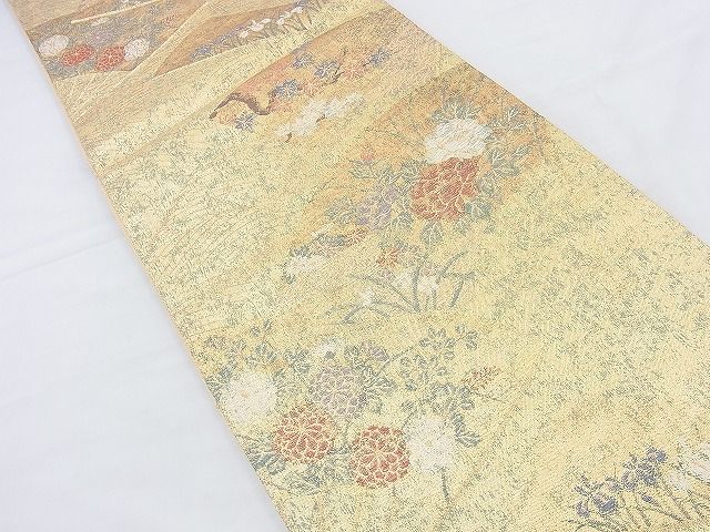平和屋着物◎佐賀錦 六通柄袋帯 扇面秋草文 金糸 逸品 BAAH4497kj