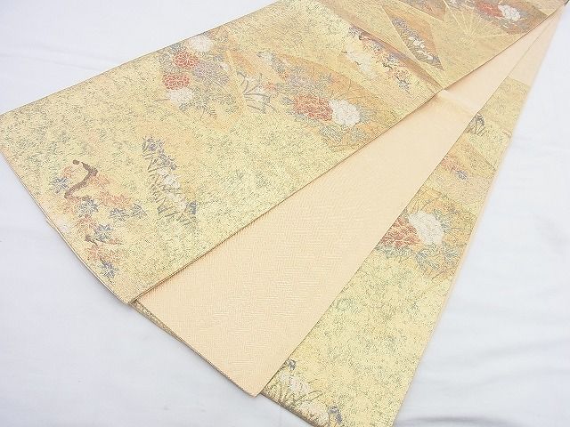 平和屋着物◎佐賀錦 六通柄袋帯 扇面秋草文 金糸 逸品 BAAH4497kj