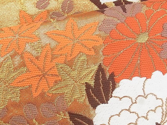 平和屋着物◎六通柄袋帯 唐織 裂取花苑文 金糸 逸品 BAAI1010kj
