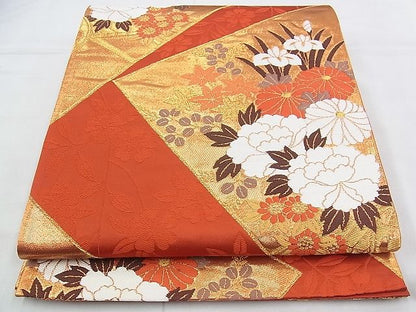 平和屋着物◎六通柄袋帯 唐織 裂取花苑文 金糸 逸品 BAAI1010kj