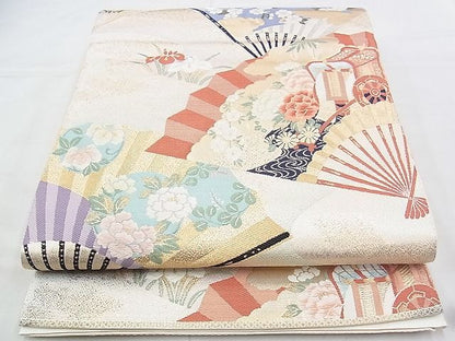 平和屋着物◎六通柄袋帯 唐織 扇面御所車花文 金糸 逸品 BAAI1016kj