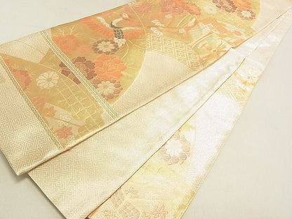 平和屋着物◎佐賀錦 六通柄袋帯 地紙御所車飛鶴花文 金糸 逸品 DAAG0409ox