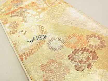 平和屋着物◎佐賀錦 六通柄袋帯 地紙御所車飛鶴花文 金糸 逸品 DAAG0409ox