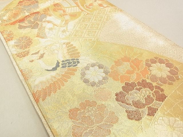 平和屋着物◎佐賀錦 六通柄袋帯 地紙御所車飛鶴花文 金糸 逸品 DAAG0409ox