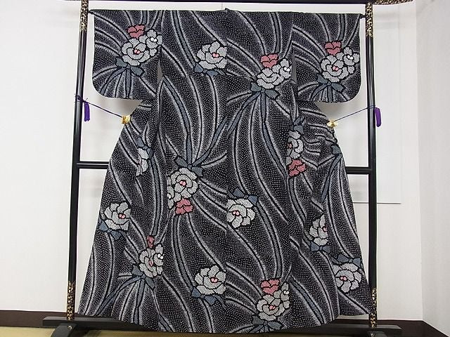 平和屋本店■極上　夏物　浴衣　有松鳴海絞り　舞花文　黒地　綿　逸品　CZAA0794s4