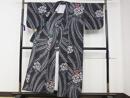 平和屋本店■極上　夏物　浴衣　有松鳴海絞り　舞花文　黒地　綿　逸品　CZAA0794s4